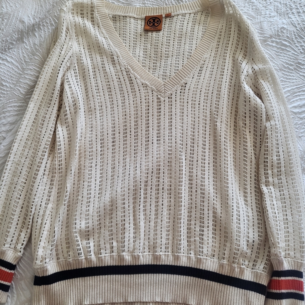 Tory Burch Ivory V-Neck Sweater with Striped Hem